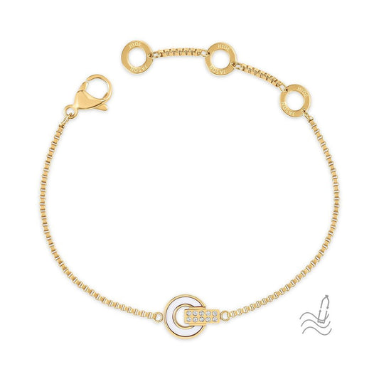 PULSERA NEREIDA CADENA CHAPADA EN ORO Y CHIP BLANCO  CON ZIRCONIAS 