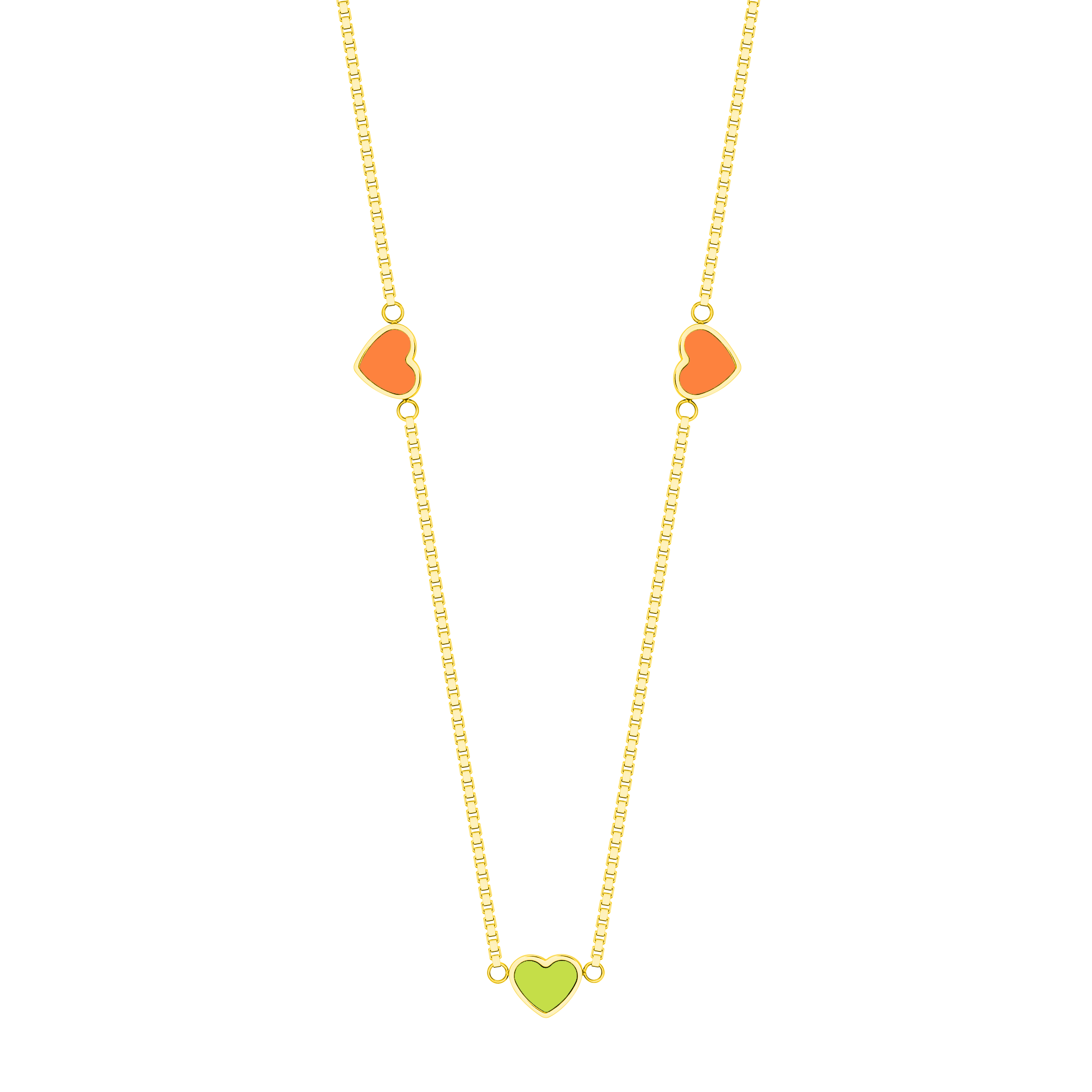 COLLAR AMARE CADENA CHAPADA EN ORO Y CHIPS VERDE LIMÓN Y NARANJA 