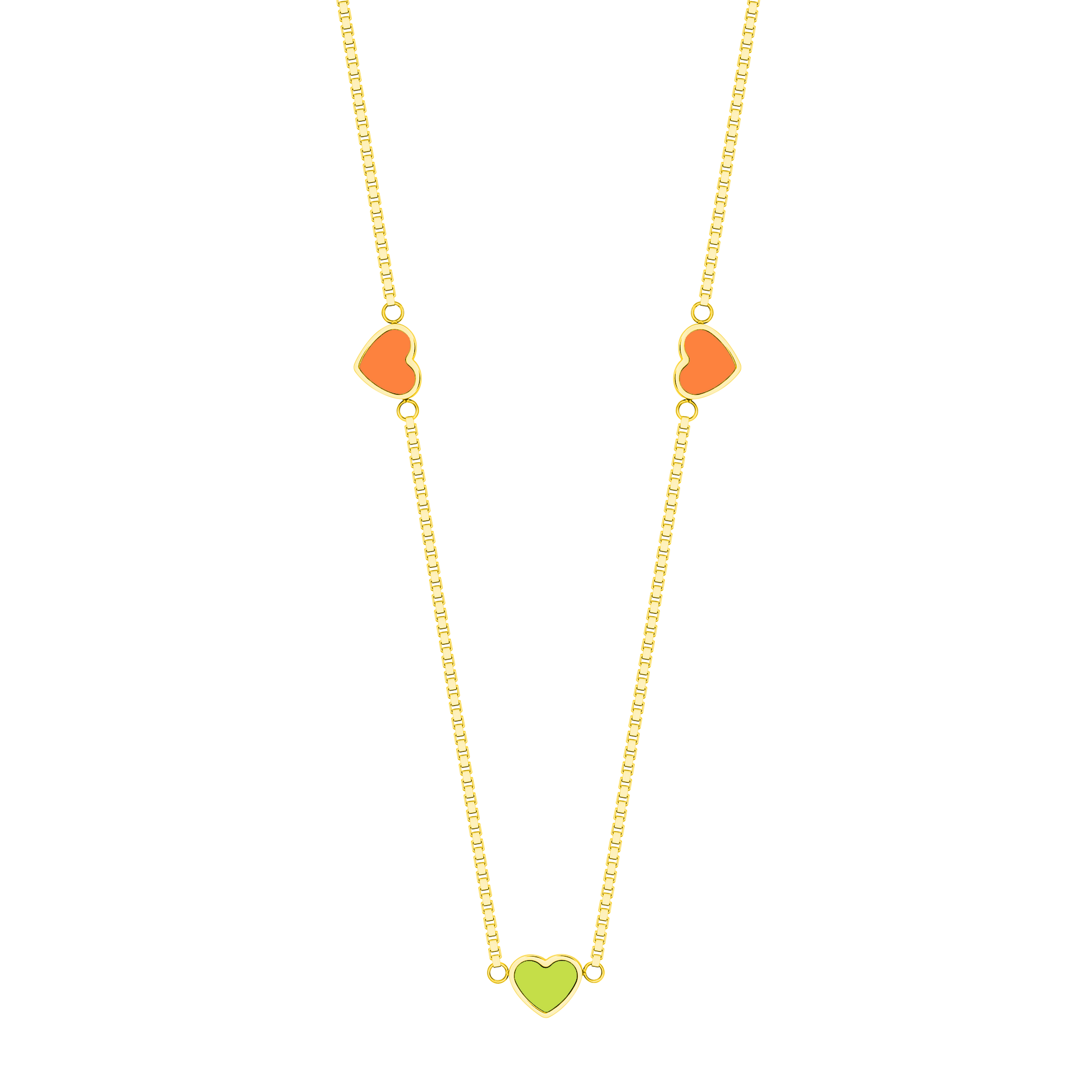 COLLAR AMARE CADENA CHAPADA EN ORO Y CHIPS VERDE LIMÓN Y NARANJA 