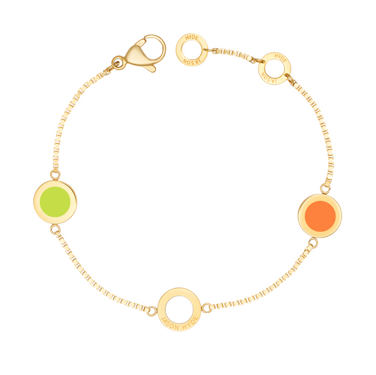 PULSERA OCEAN CADENA CHAPADA EN ORO Y 3 CHIPS VERDE LIMÓN, BLANCO Y NARANJA 